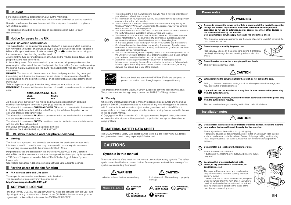 Cautions | Sharp MX-1810U User Manual | Page 2 / 56