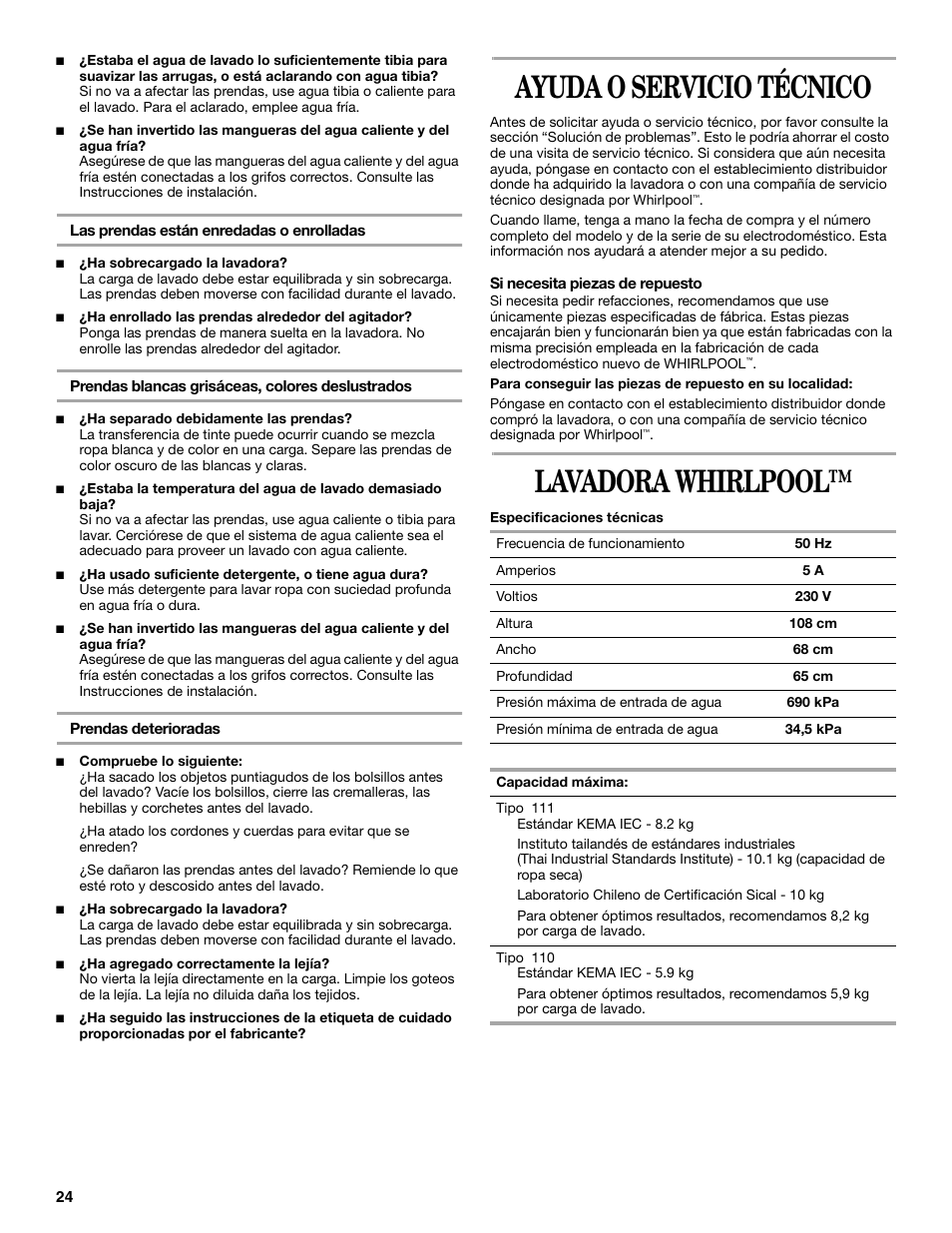Ayuda servicio técnico, Lavadora whirlpool | Whirlpool 3XWTW5705 User Manual | Page 24 / 36 | Original mode