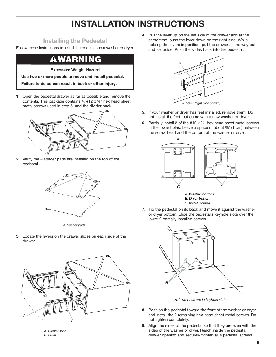 Installation Instructions, Warning, Installing The Pedestal | Whirlpool  Washer/Dryer Pedestal User Manual | Page 5 / 24