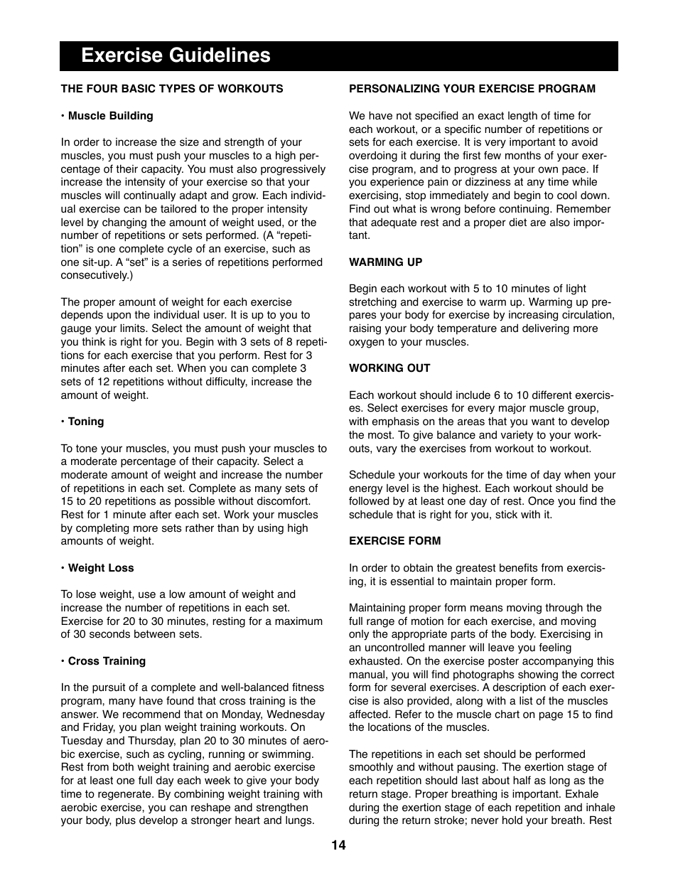 Exercise guidelines | Weider 148 User Manual | Page 14 / 20