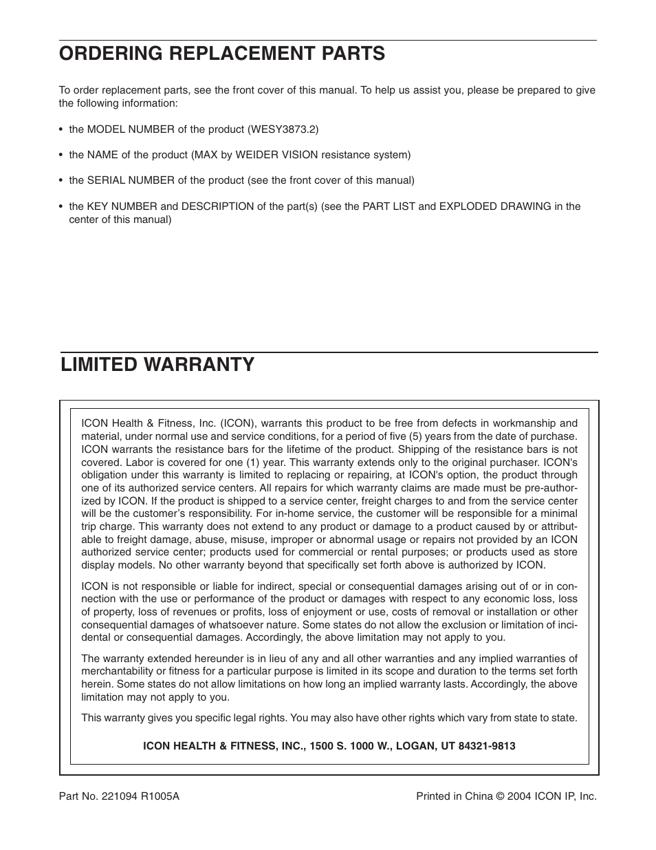 Ordering replacement parts, Limited warranty | Weider WESY3873.2 User Manual | Page 24 / 24