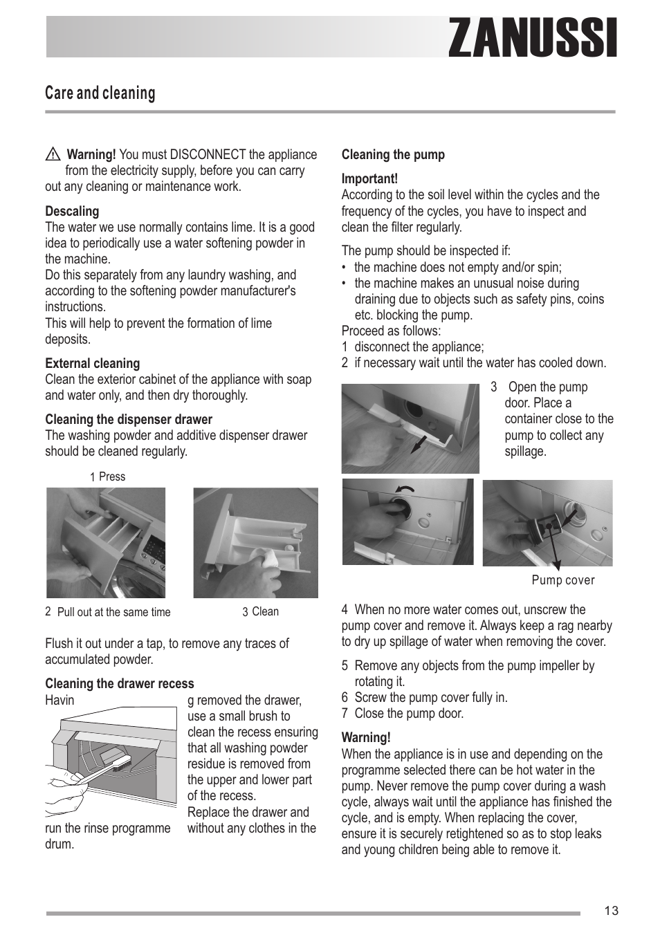 Zanussi, Care and cleaning | Zanussi ZWG1140M User Manual | Page 13 / 20
