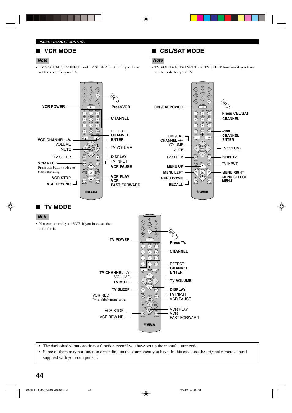Vcr mode, Cbl/sat mode, Tv mode | Yamaha HTR-5440 User Manual | Page 48