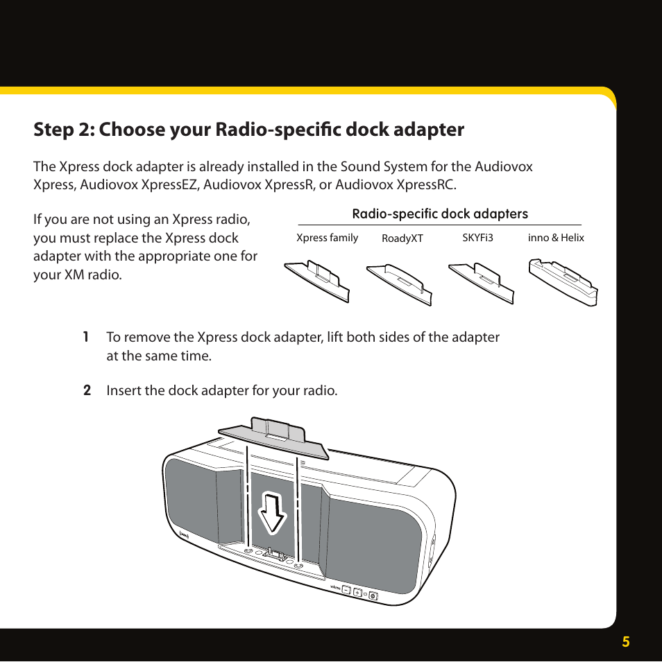 Step 2: choose your radio-specific dock adapter | XM Satellite Radio XMBB1 User Manual | Page 5 / 20