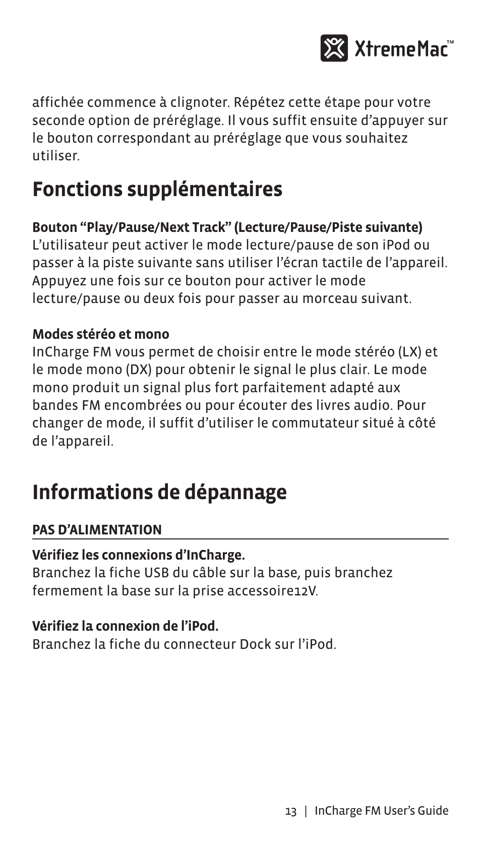 Fonctions supplémentaires, Informations de dépannage | XtremeMac Incharge FM User Manual | Page 12 / 35
