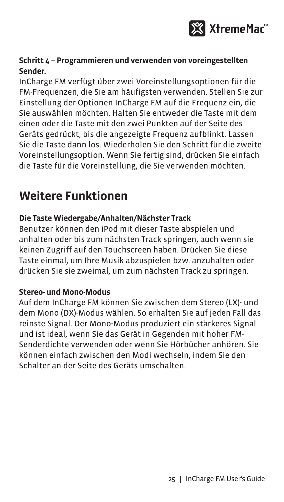 Weitere funktionen | XtremeMac Incharge FM User Manual | Page 24 / 35