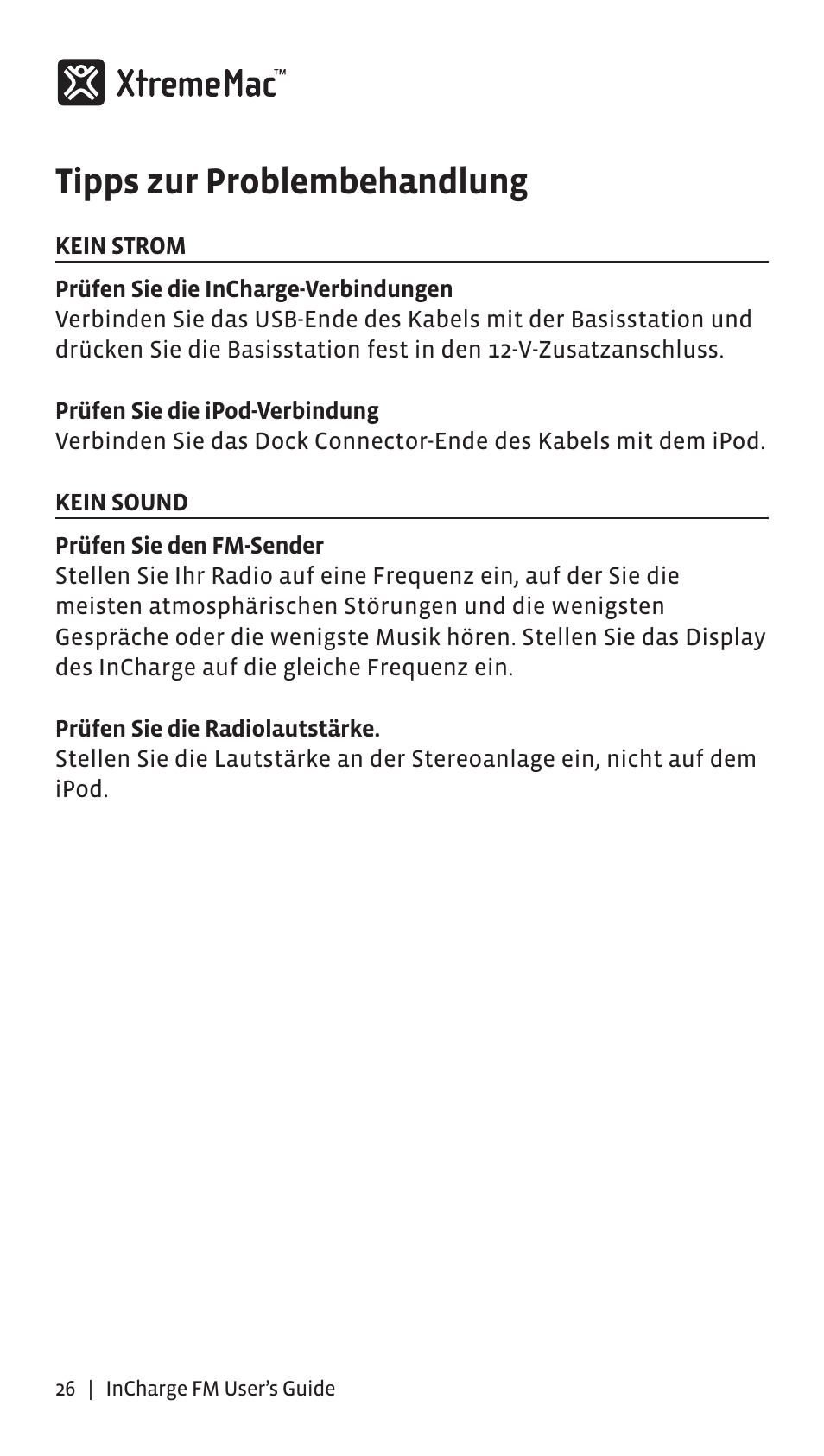 Tipps zur problembehandlung | XtremeMac Incharge FM User Manual | Page 25 / 35