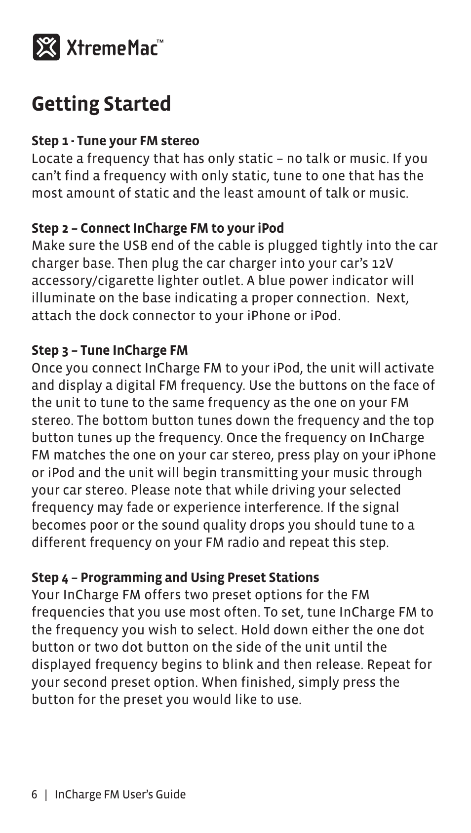 Getting started | XtremeMac Incharge FM User Manual | Page 5 / 35