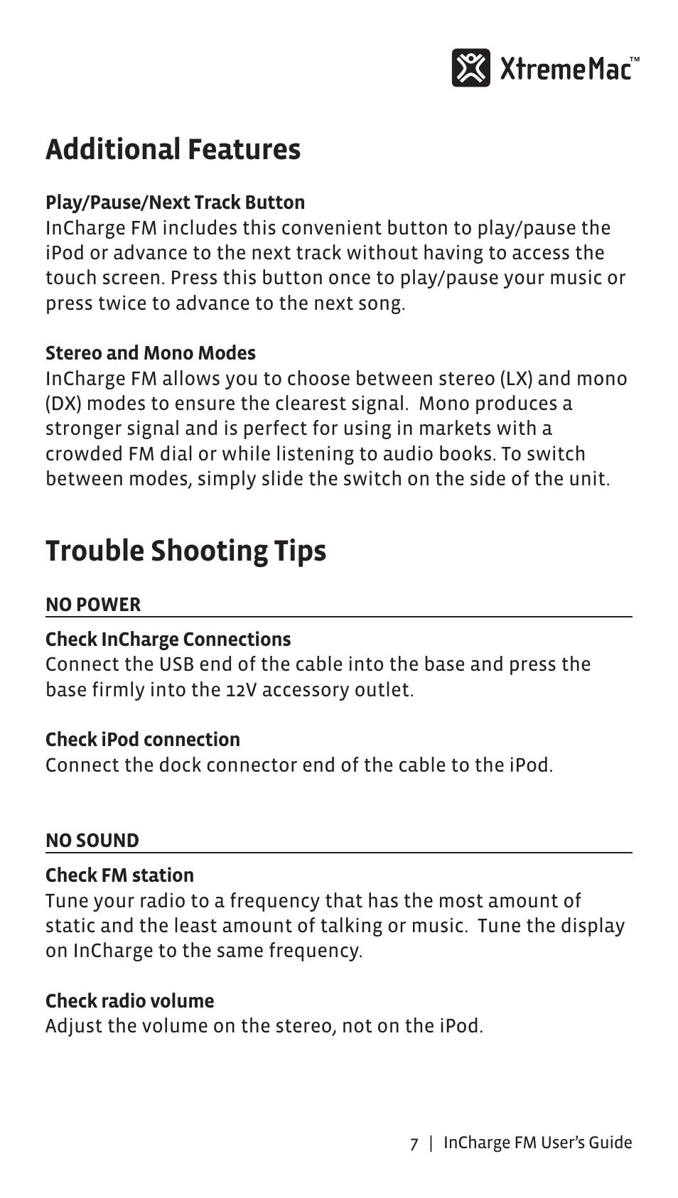 Additional features, Trouble shooting tips | XtremeMac Incharge FM User Manual | Page 6 / 35