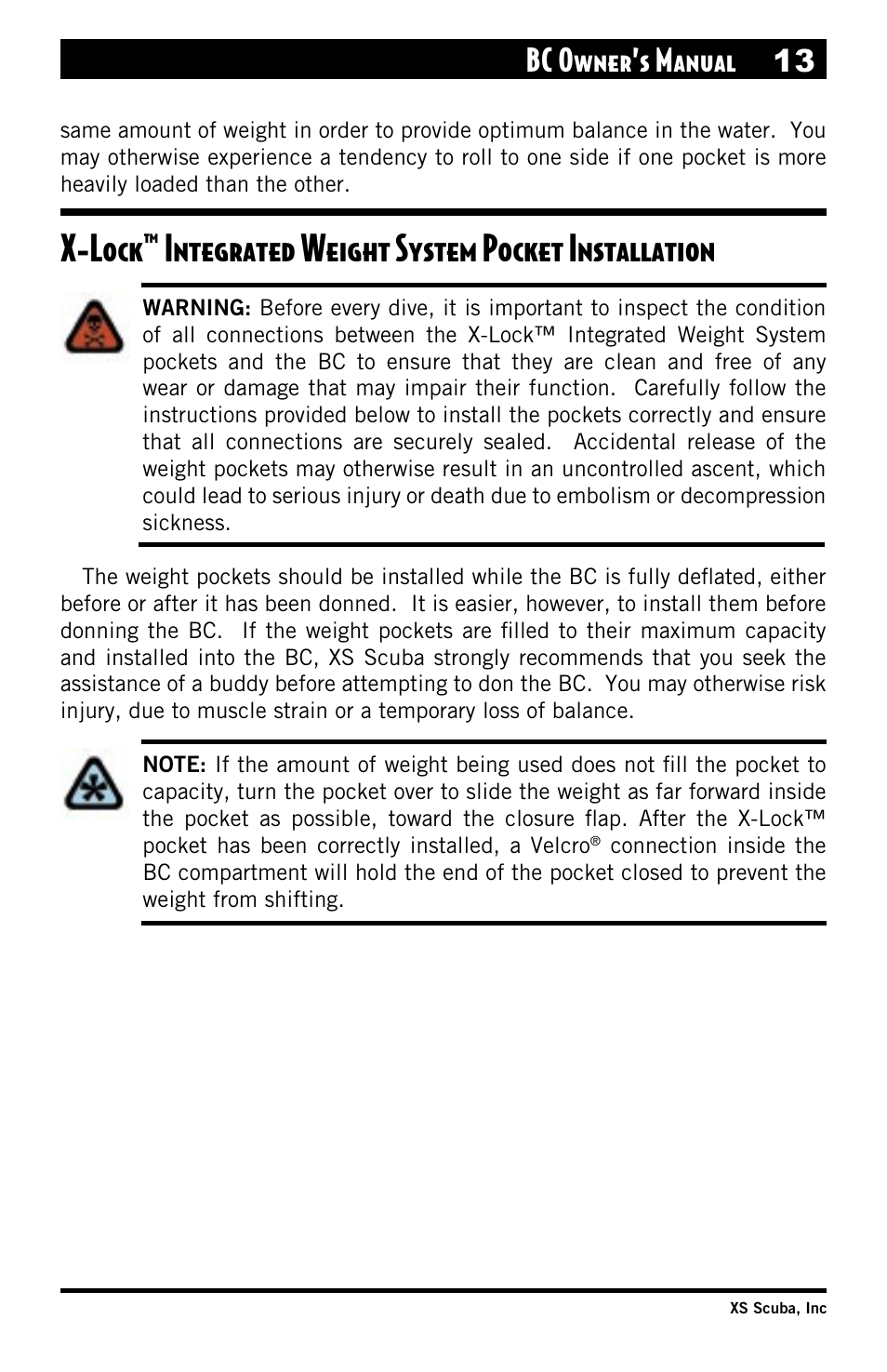 Bc owner’s manual 13 | XS Scuba Buoyancy Compensator User Manual | Page 13 / 24
