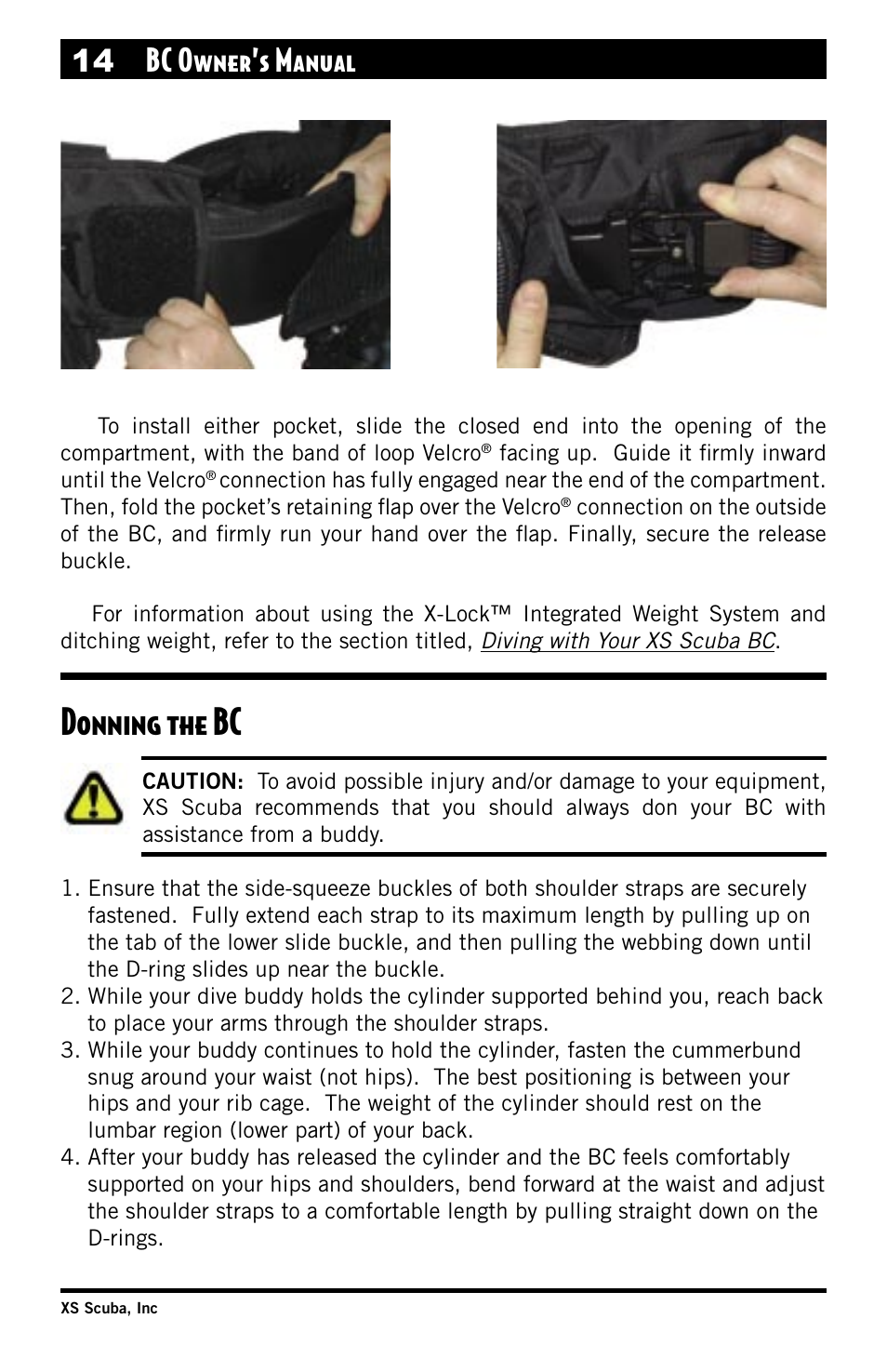 Donning the bc, 14 bc owner’s manual | XS Scuba Buoyancy Compensator User Manual | Page 14 / 24