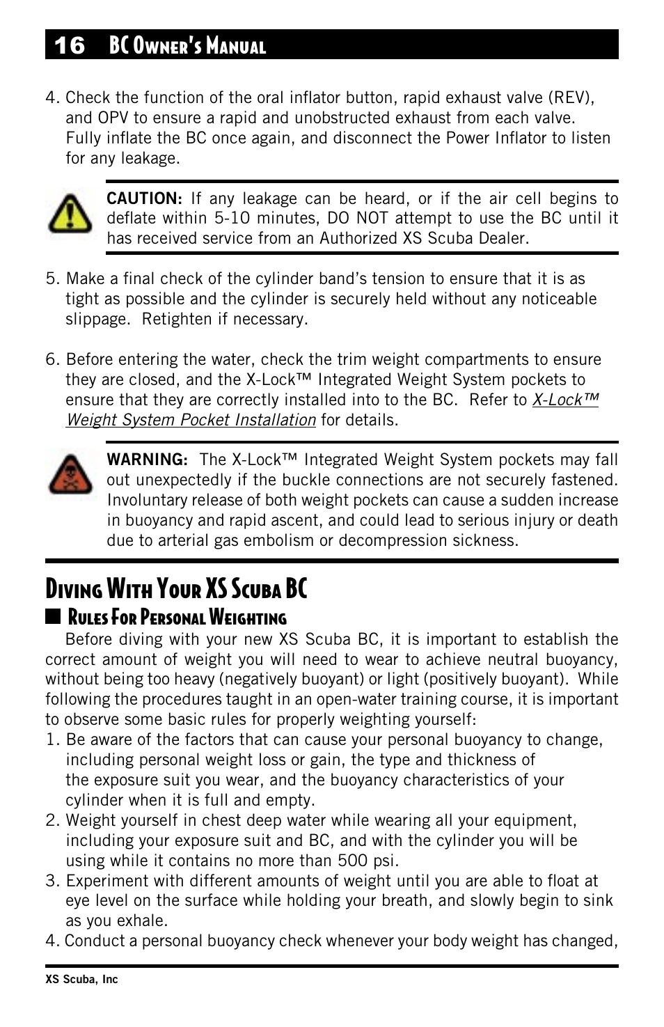 Diving with your xs scuba bc, Rules for personal weighting, 16 bc owner’s manual | XS Scuba Buoyancy Compensator User Manual | Page 16 / 24