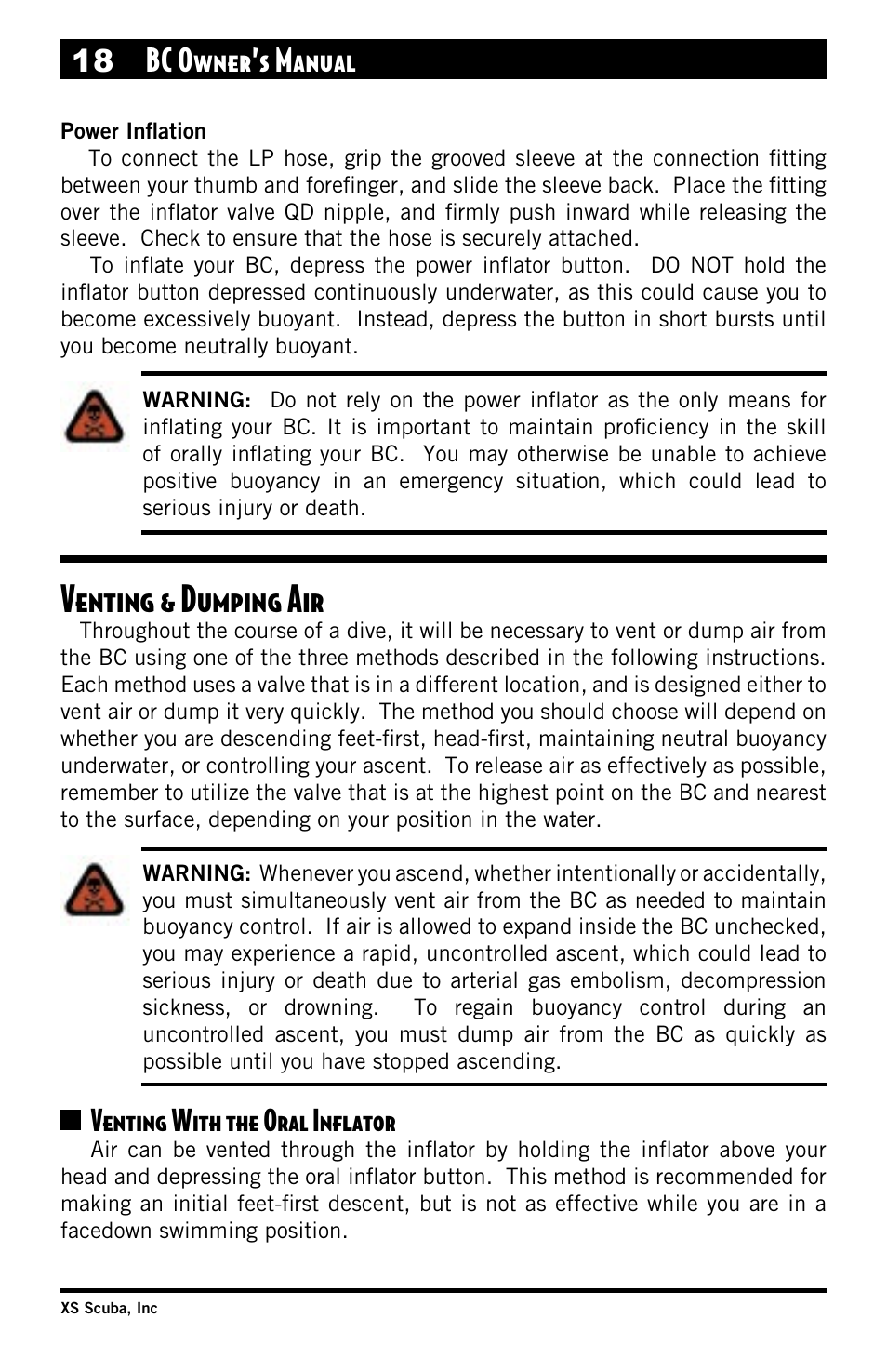 Power inflation, Venting & dumping air, Venting with the oral inflator | 18 bc owner’s manual, Venting with the oral inﬂator | XS Scuba Buoyancy Compensator User Manual | Page 18 / 24