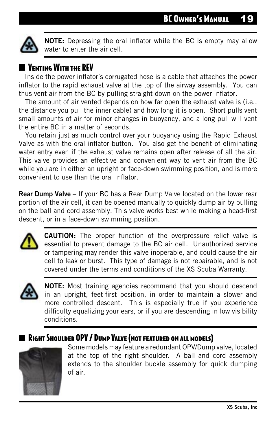 Venting with the rev, Rear dump valve, Right shoulder opv/dump valve | Bc owner’s manual 19 | XS Scuba Buoyancy Compensator User Manual | Page 19 / 24