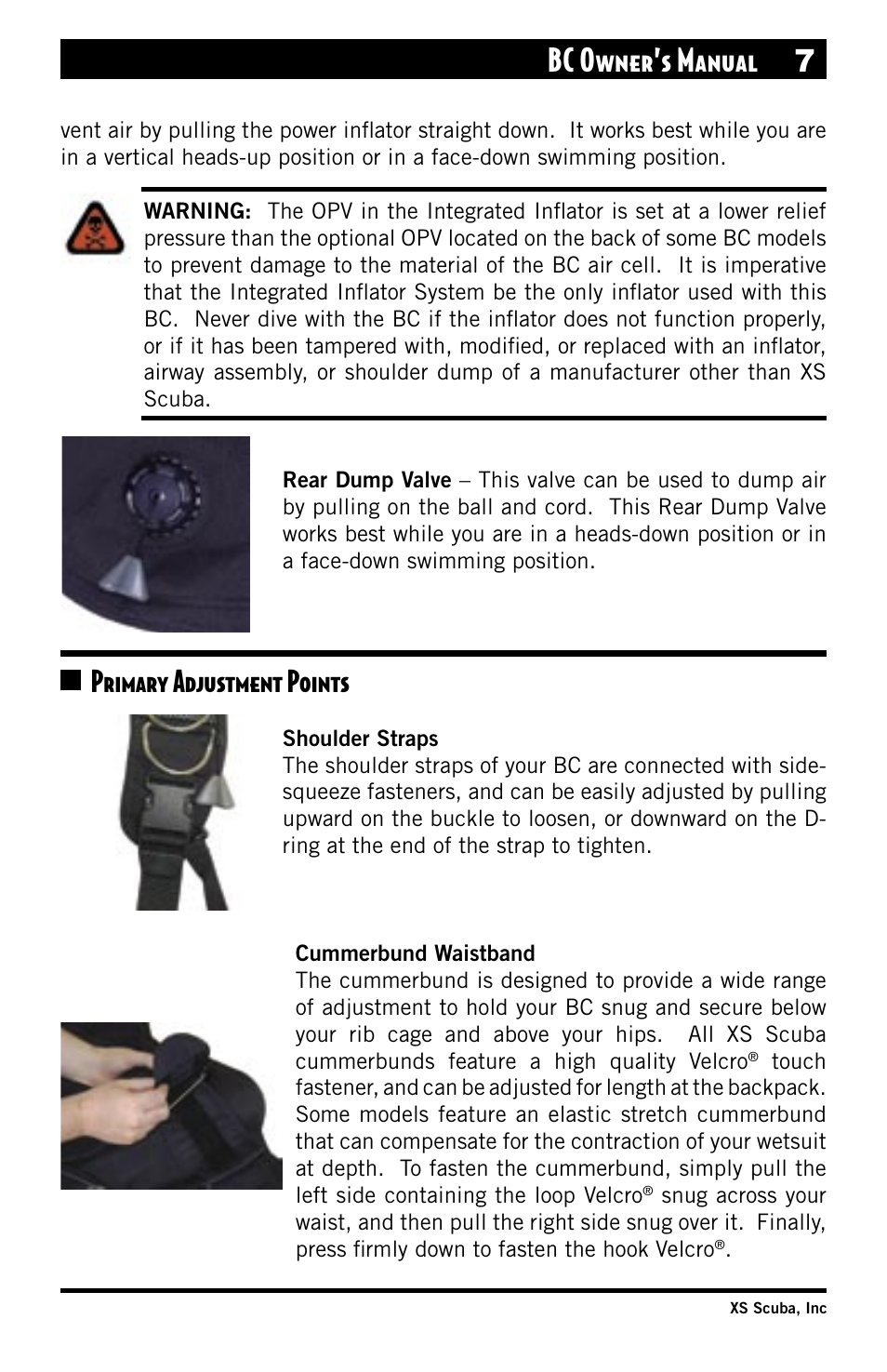 Primary adjustment points, Shoulder straps, Cummerbund waistband | Bc owner’s manual 7 | XS Scuba Buoyancy Compensator User Manual | Page 7 / 24
