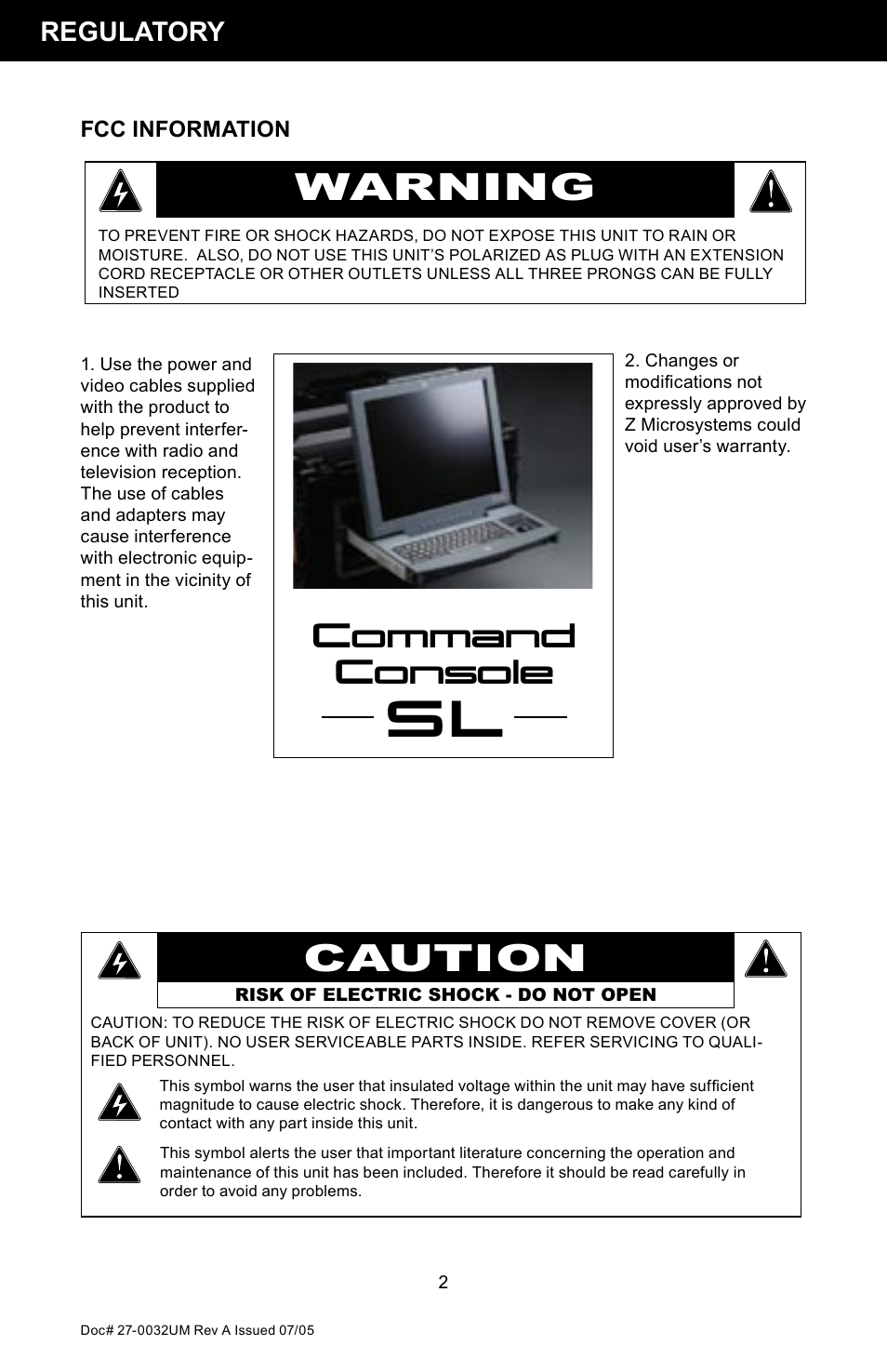 Warning, Caution, Command console | Regulatory | Z Microsystems SL User Manual | Page 2 / 51