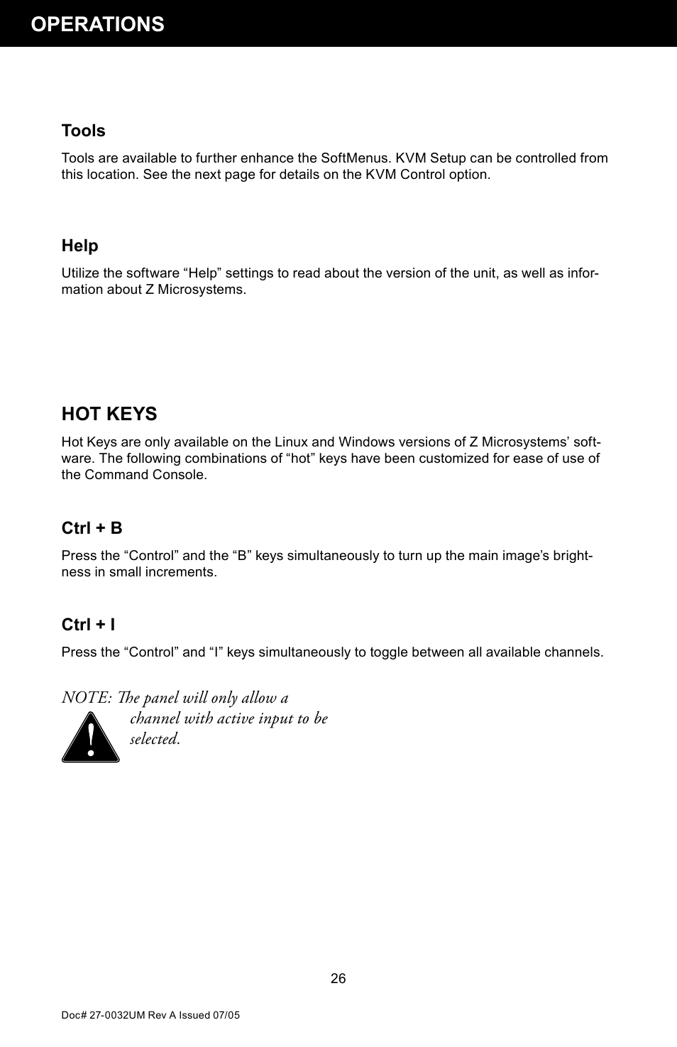 Operations, Hot keys | Z Microsystems SL User Manual | Page 26 / 51