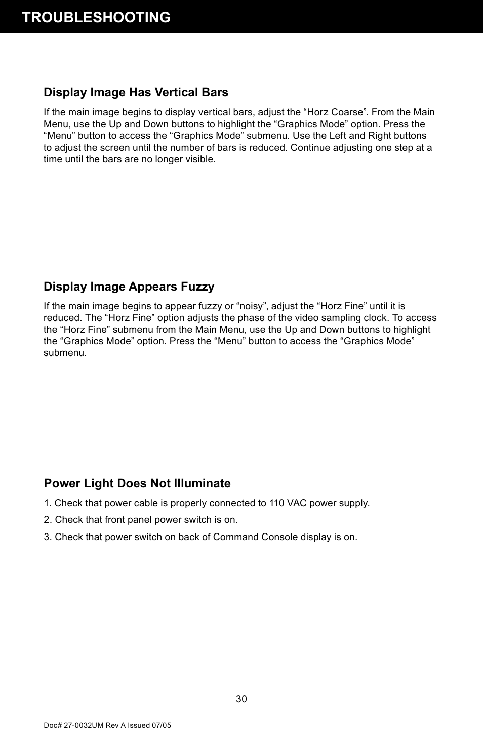 Troubleshooting, Display image has vertical bars, Display image appears fuzzy | Power light does not illuminate | Z Microsystems SL User Manual | Page 30 / 51