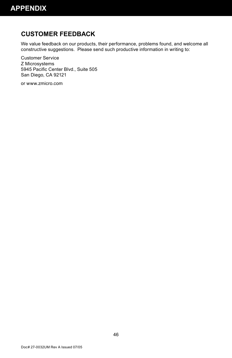 Appendix, Customer feedback | Z Microsystems SL User Manual | Page 46 / 51