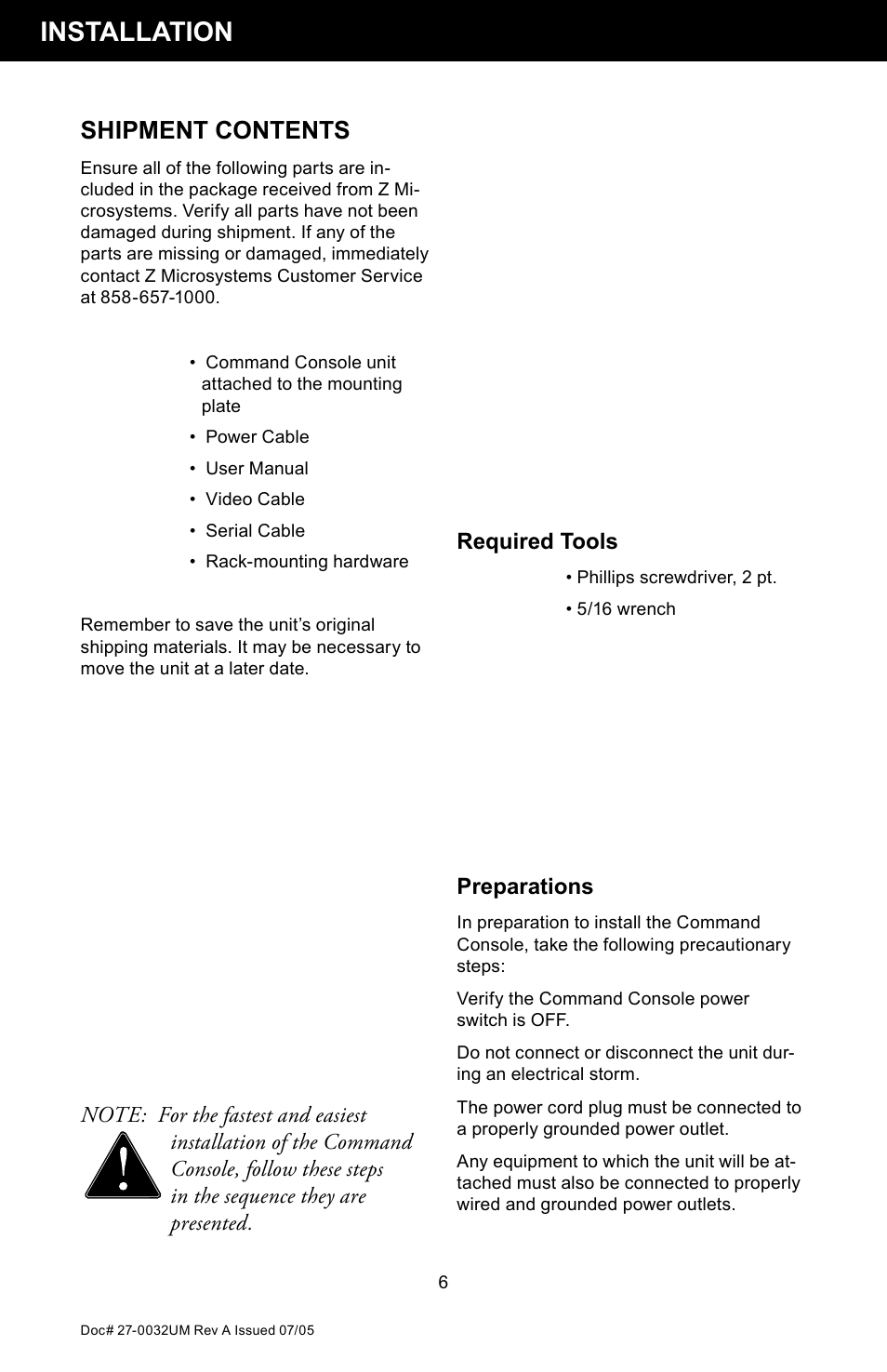 Installation, Shipment contents, Required tools | Z Microsystems SL User Manual | Page 6 / 51