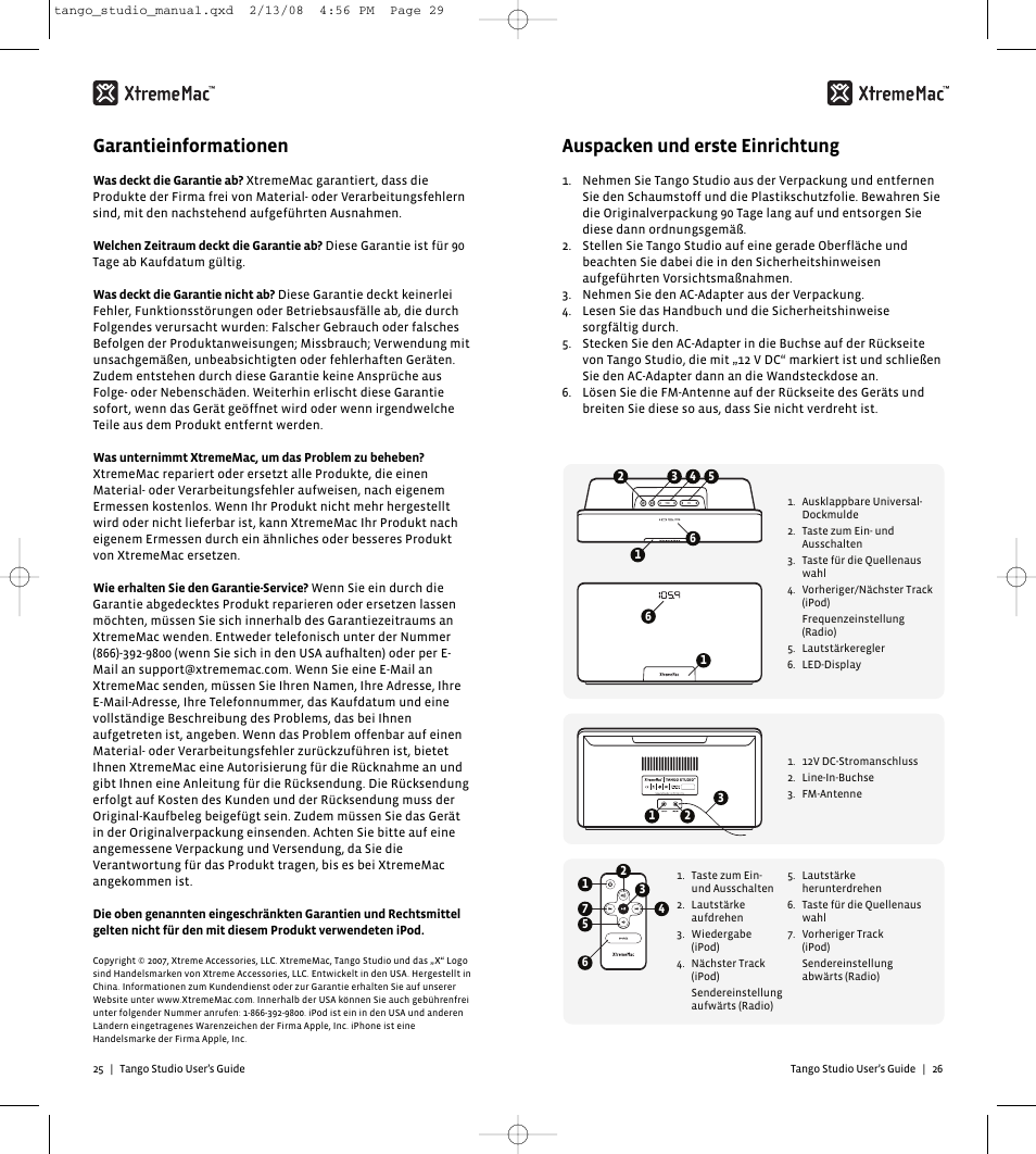 Auspacken und erste einrichtung, Garantieinformationen | XtremeMac Tango Studio 10182007 User Manual | Page 15 / 20