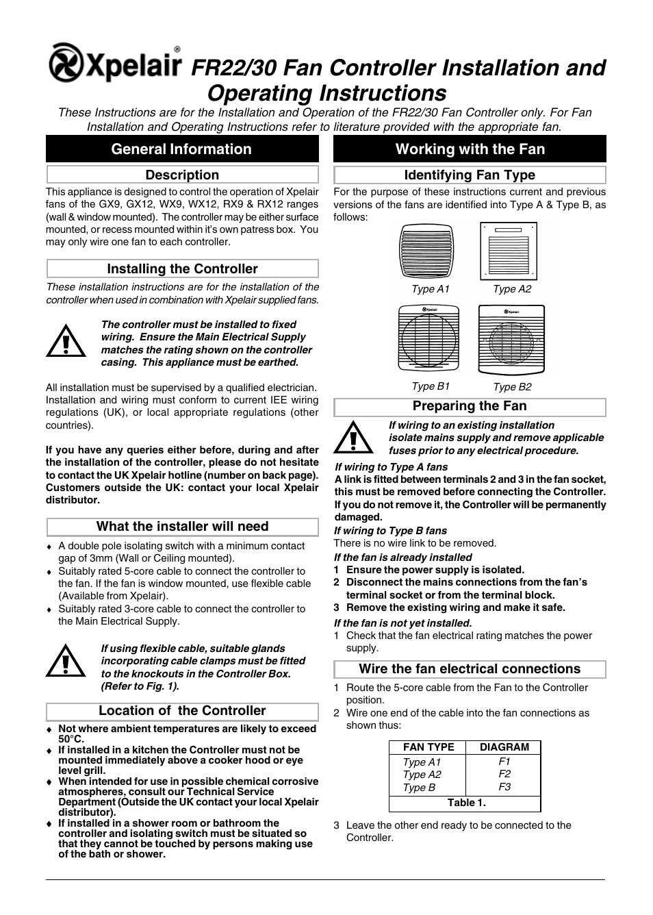 General information working with the fan, Installing the controller | Xpelair FR22-30 User Manual | Page 4 / 20