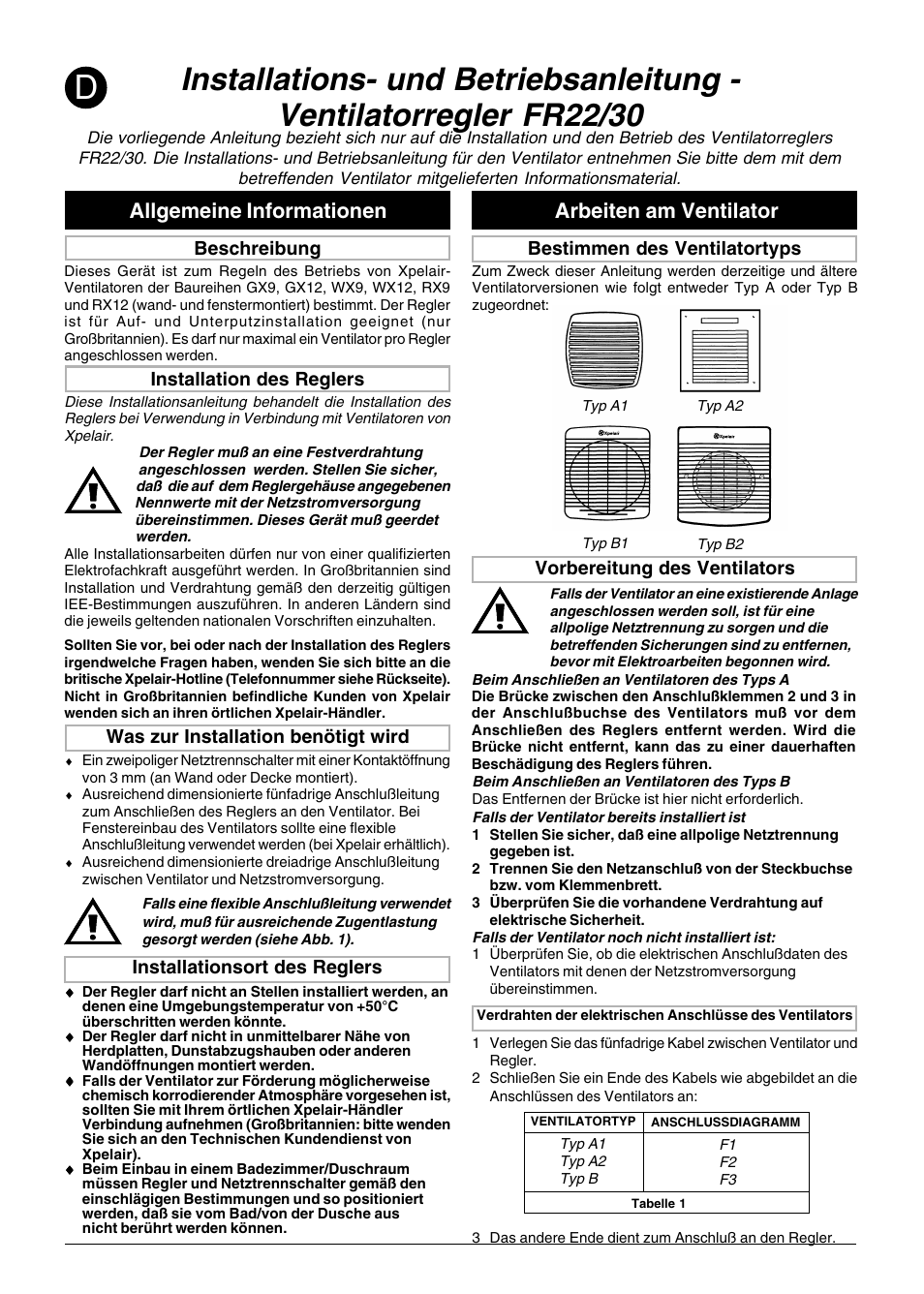Allgemeine informationen arbeiten am ventilator | Xpelair FR22-30 User Manual | Page 8 / 20