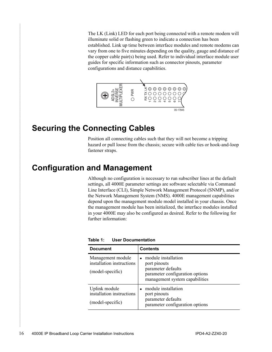 Securing the connecting cables, Configuration and management | Zhone Technologies 4000E User Manual | Page 16 / 22