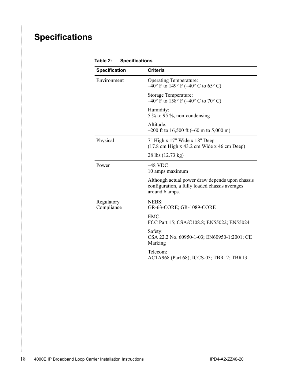 Specifications | Zhone Technologies 4000E User Manual | Page 18 / 22