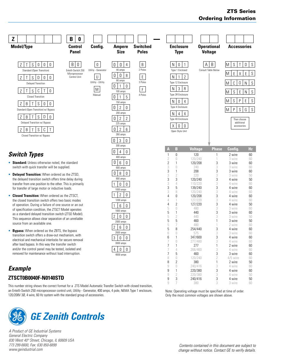 Zenith controls, Example, Switch types | Zts series ordering information | GE Zenith ZTS Series User Manual | Page 10 / 10