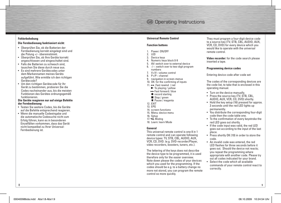 G Operating Instructions Hama Remote Control Universal 8in1 User Manual Page 5 30 Original Mode