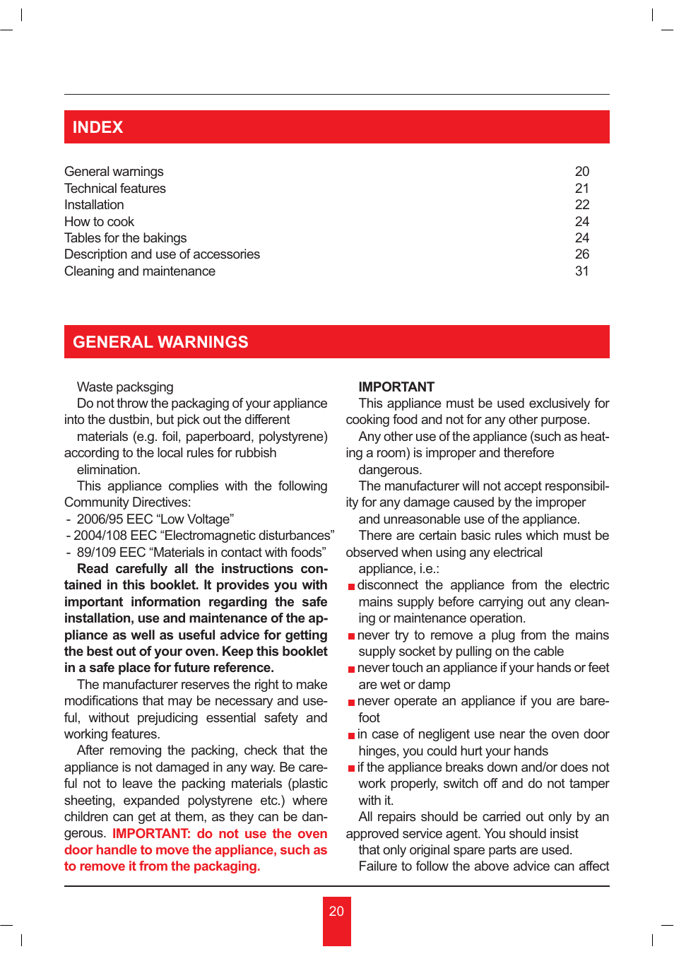 General warnings index | KORTING OKB481CRC User Manual | Page 20 / 36