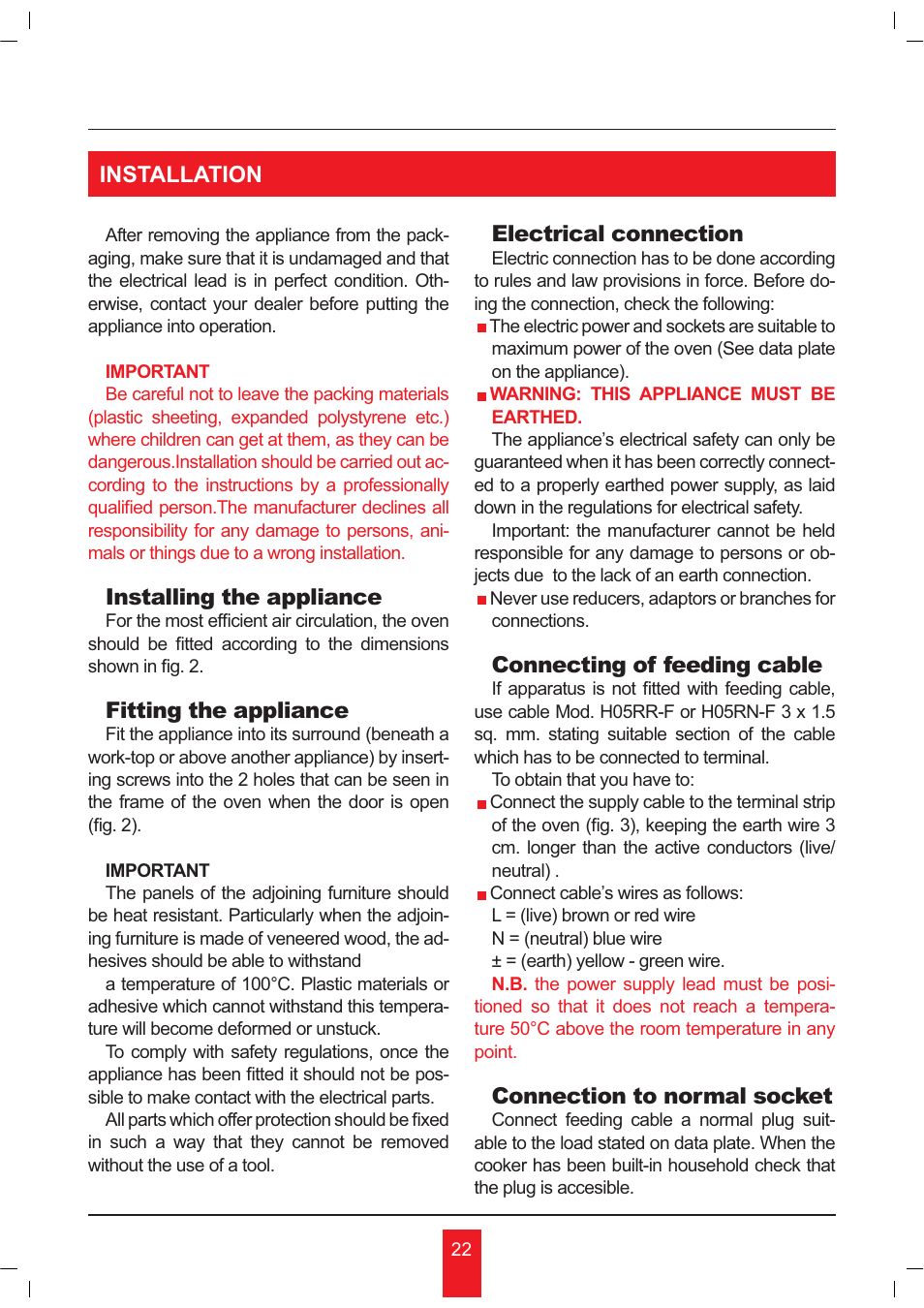 Installation, Installing the appliance, Fitting the appliance | Electrical connection, Connecting of feeding cable, Connection to normal socket | KORTING OKB481CRC User Manual | Page 22 / 36