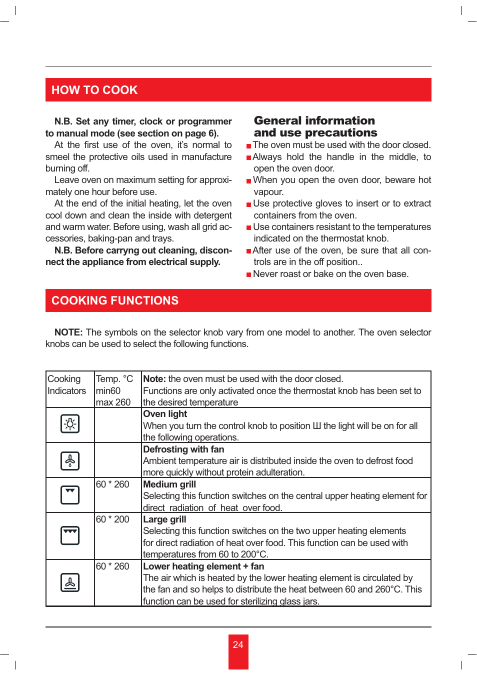 How to cook, General information and use precautions, Cooking functions | KORTING OKB481CRC User Manual | Page 24 / 36