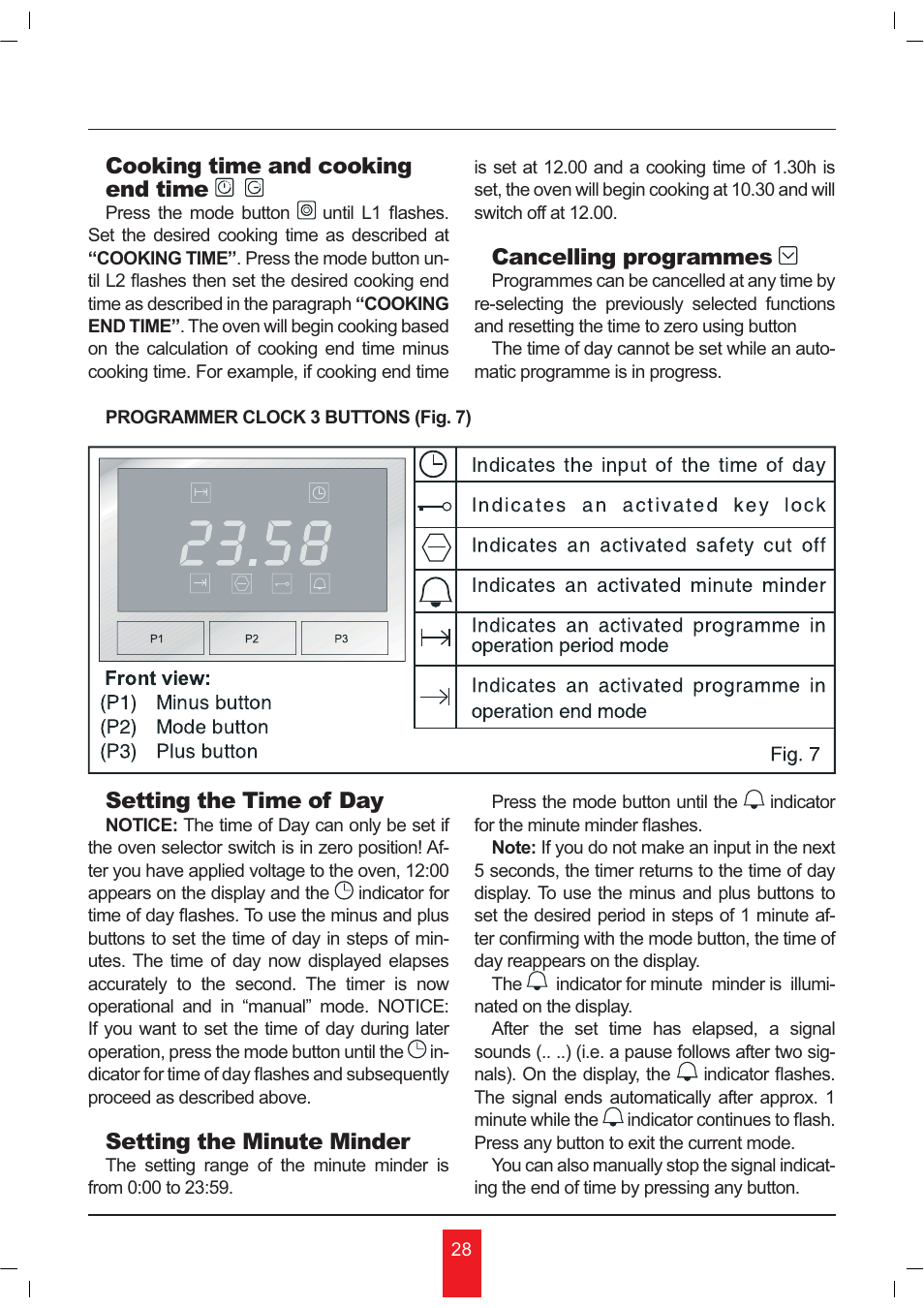 Cooking time and cooking end time, Cancelling programmes, Setting the time of day | Setting the minute minder | KORTING OKB481CRC User Manual | Page 28 / 36