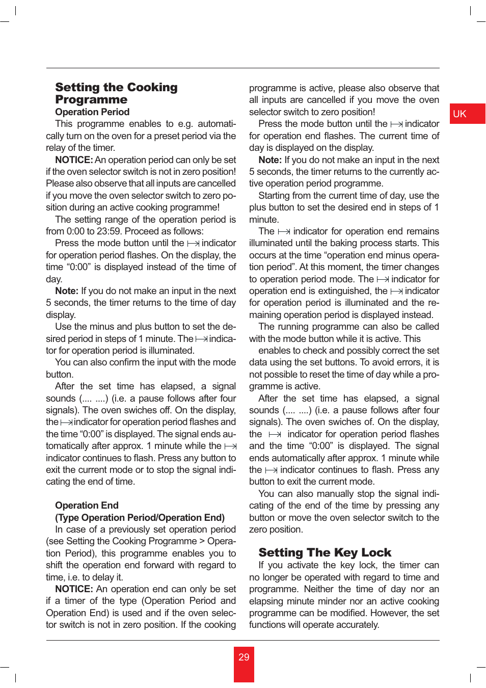 Setting the cooking programme, Setting the key lock | KORTING OKB481CRC User Manual | Page 29 / 36