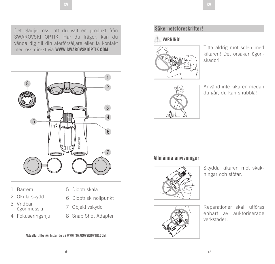 Säkerhetsföreskrifter, Allmänna anvisningar | Swarovski Optik EL 50 User Manual | Page 29 / 51