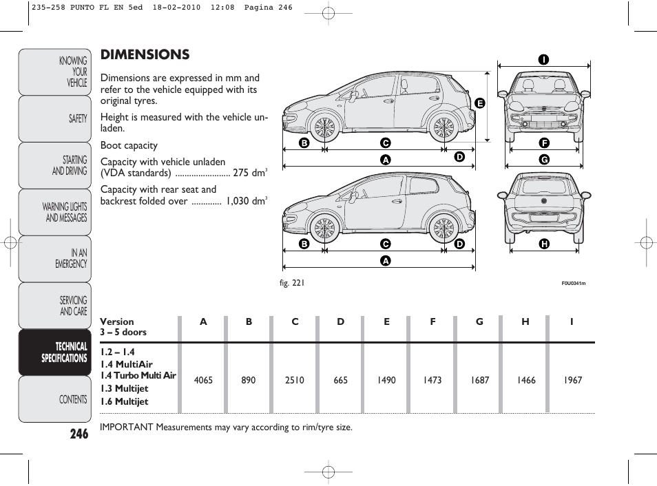 Dimensions | FIAT Punto Evo User Manual | Page 247 / 270 | Original mode