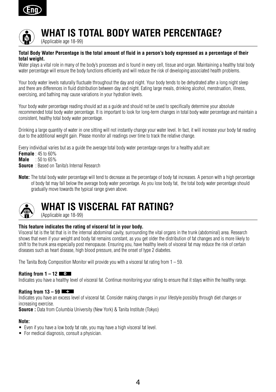 What is total body water percentage, What is visceral rating | Garmin Tanita BC 1000 Manual | Page 4 / 44 | Original mode