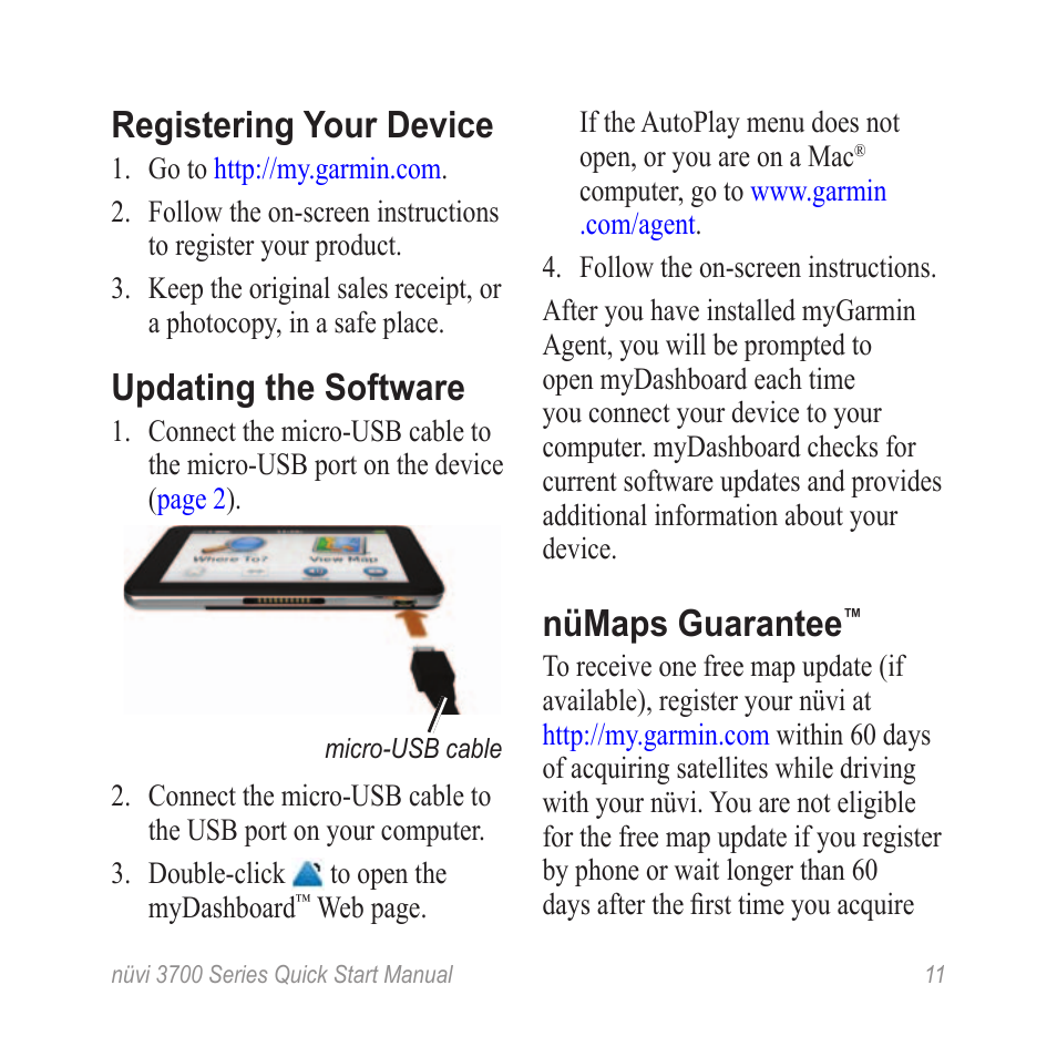 Antarktis Enhed forhåndsvisning Registering your device, Updating the software, Nümaps guarantee | Garmin  nuvi 3790T User Manual | Page 11 / 12 | Original mode