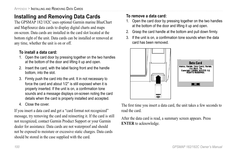 tvivl Natur Becks Installing and removing data cards | Garmin GPSMAP 182C User Manual | Page  106 / 126