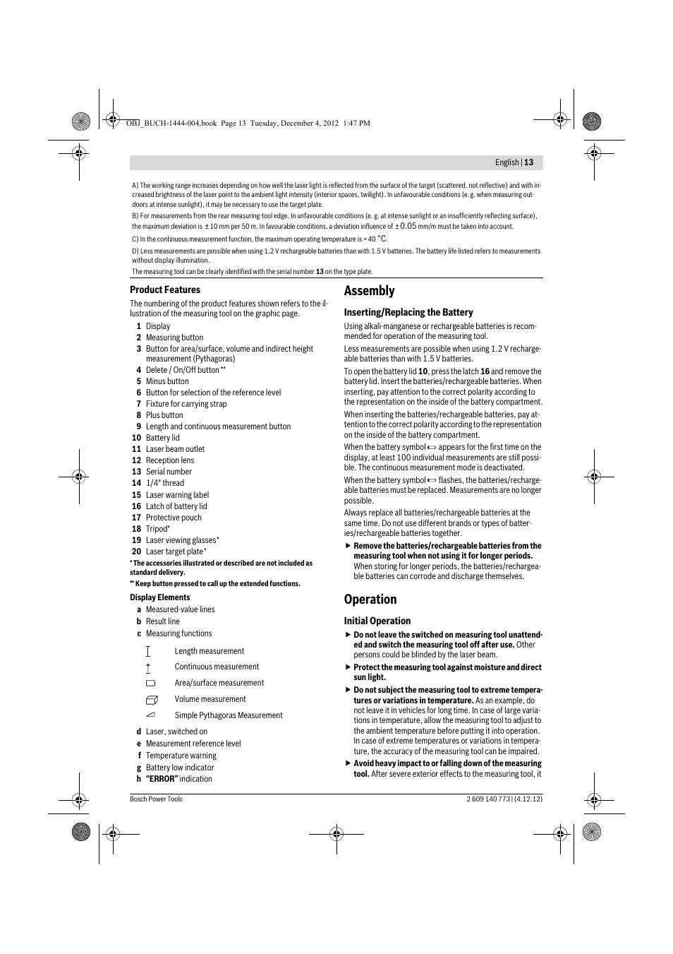Assembly, Operation | Bosch GLM 50 Professional User Manual | Page 13 /