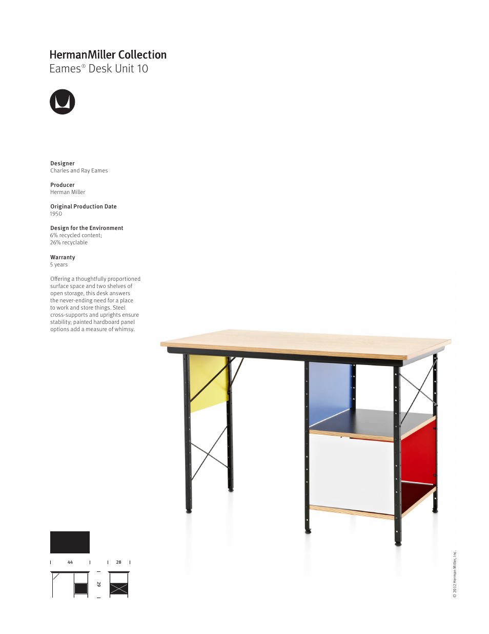 Herman Miller Eames Desk Unit 10 Product Sheet User Manual 1 Page