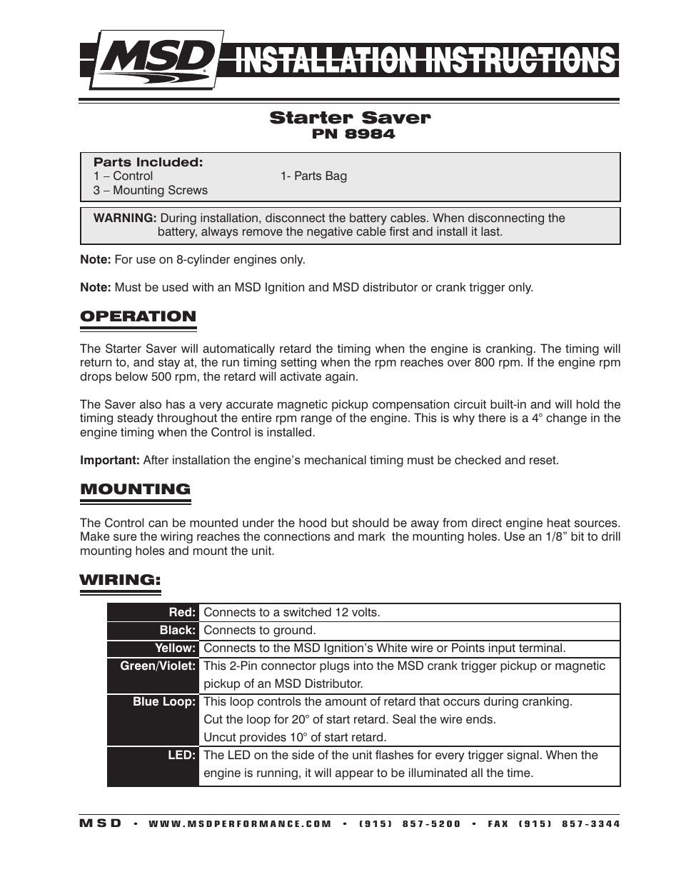 Msd 8984 Starter Saver W Signal Stabilizer Installation User Manual 2 Pages