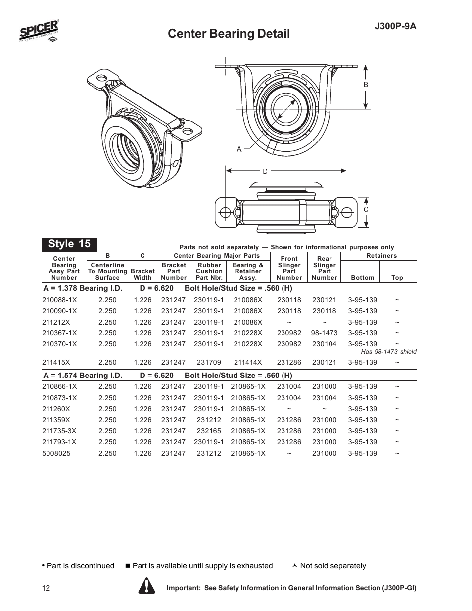 Center bearing detail, Style 15, J300p9a Spicer Driveline Components