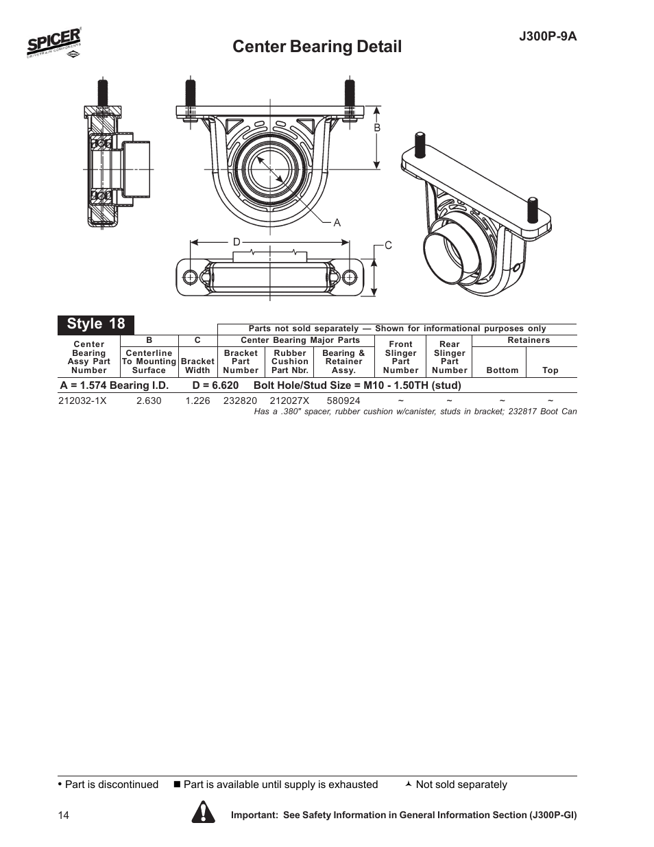 Center bearing detail, Style 18, J300p9a Spicer Driveline Components