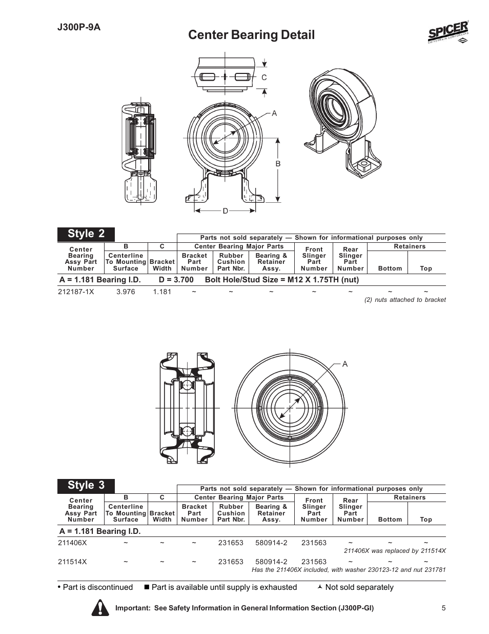 Center bearing detail, Style 2, Style 3 Spicer Driveline Components