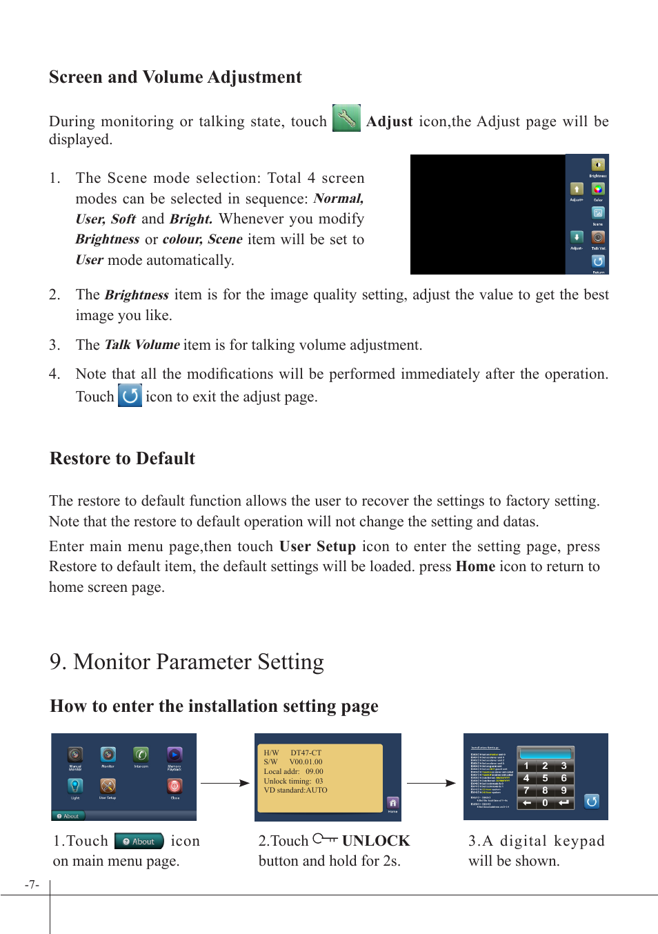 Monitor Parameter Setting Restore To Default Screen And Volume Adjustment V Tech Dt47 Manual User Manual Page 8 12
