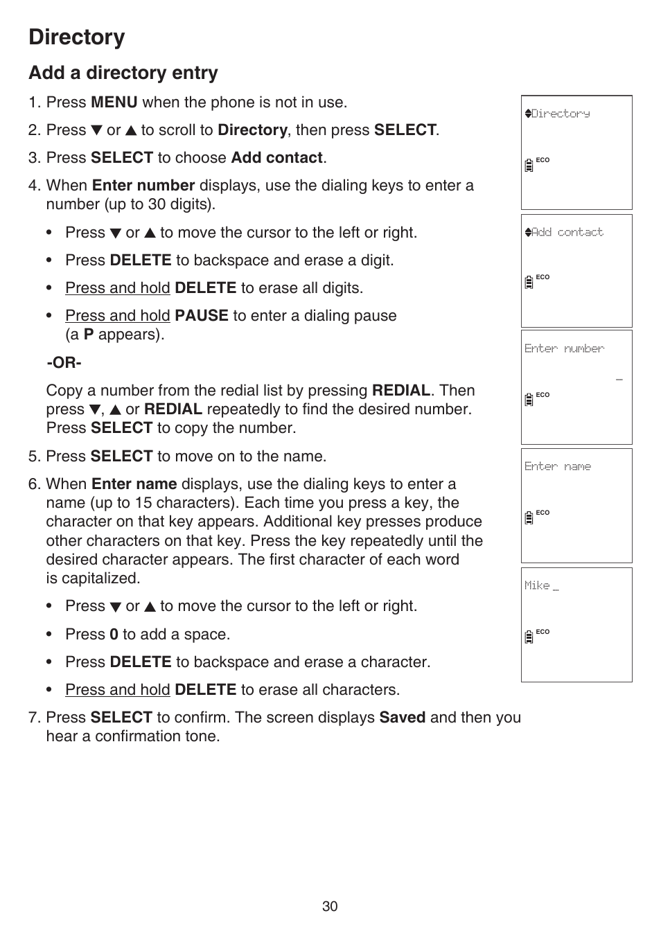 Add a directory entry, Directory | VTech CS6829 Manual User Manual