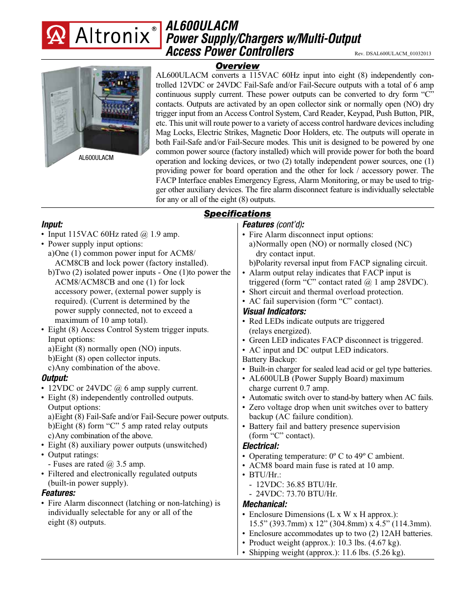 Altronix AL600ULACM FUSE OUT ACCESS PWR SPL W FACP DISC12VDC OR 24VDC 6A